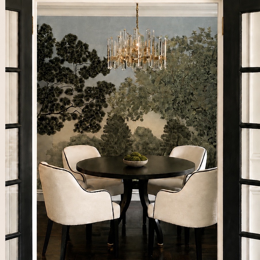 Dining room with mural wallpaper and crystal chandelier