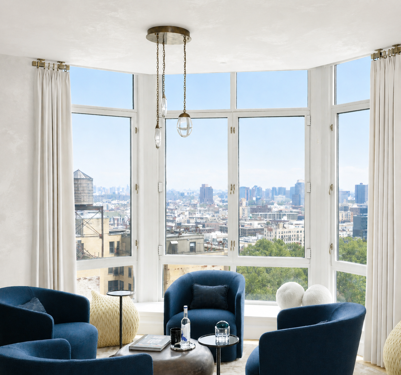 CPW sitting room with blue chairs and skyline view