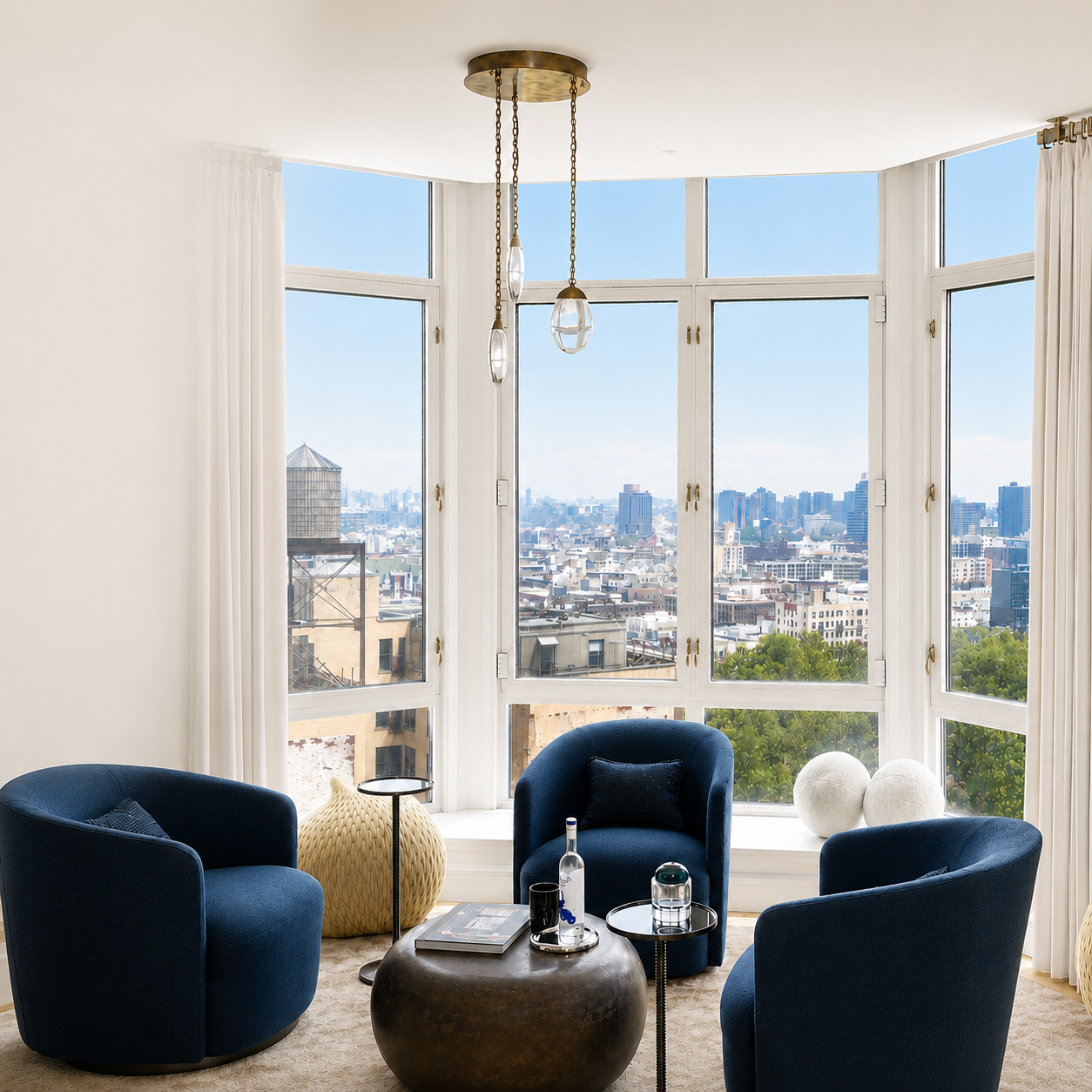 Living room with navy chairs and city view