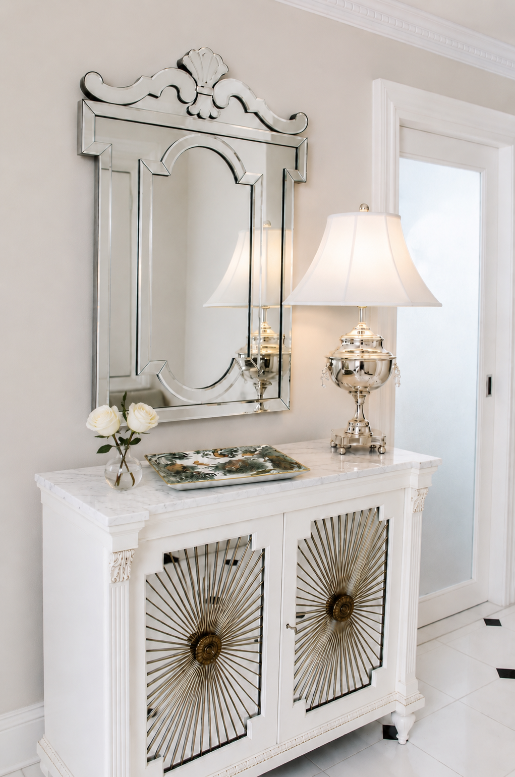Maison foyer with mirrored wall piece and console