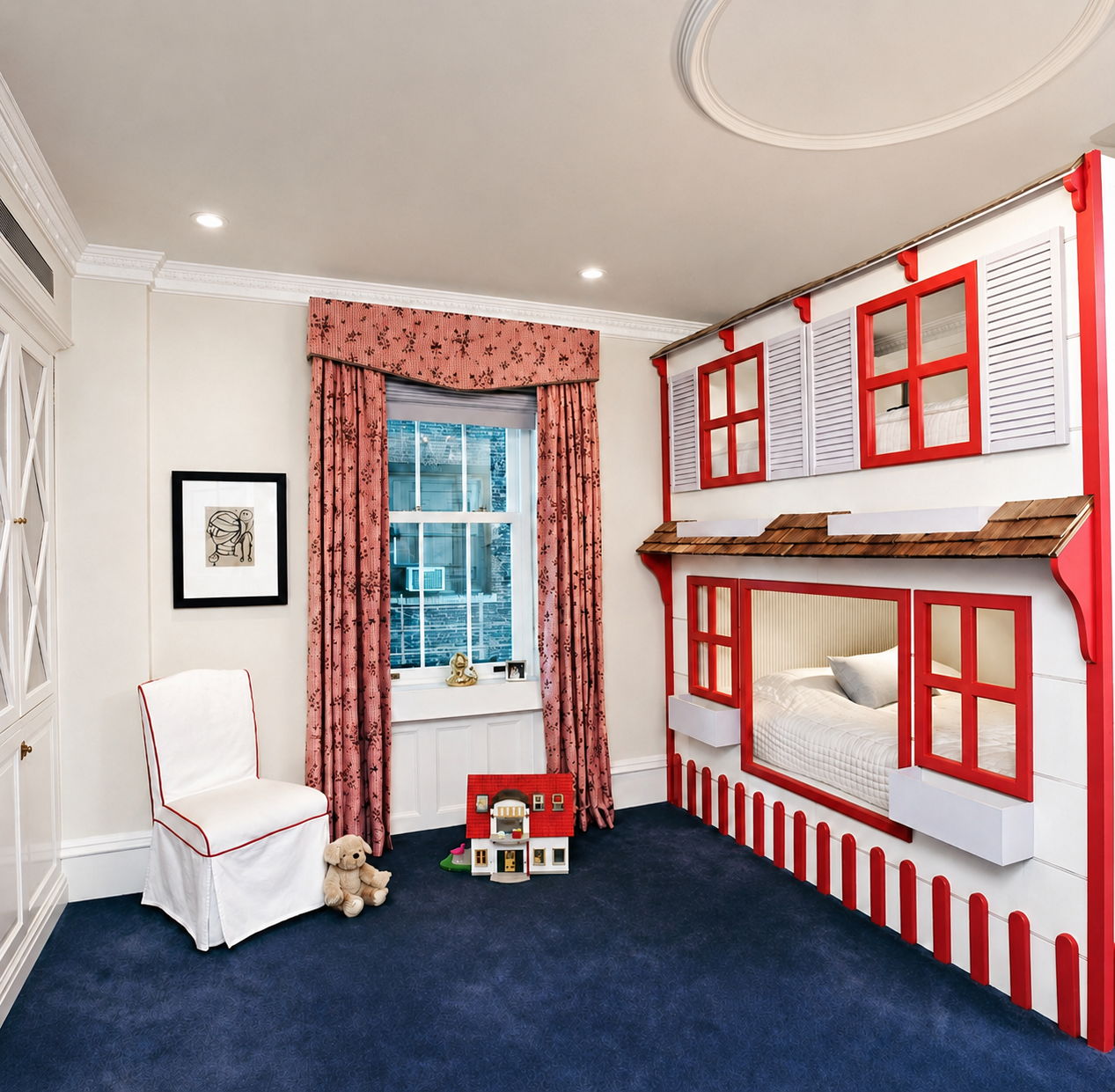 Custom girls bedroom with red and white dollhouse bunk bed and navy carpet